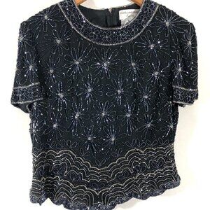 Papell Boutique Vintage Black Silk Beaded Blouse L